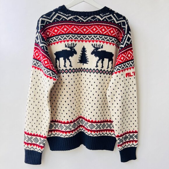 Polo Ralph Lauren Fair Isle Moose Tree Knit Sweater, White/red/blue, Size L P11 - Picture 2 of 9
